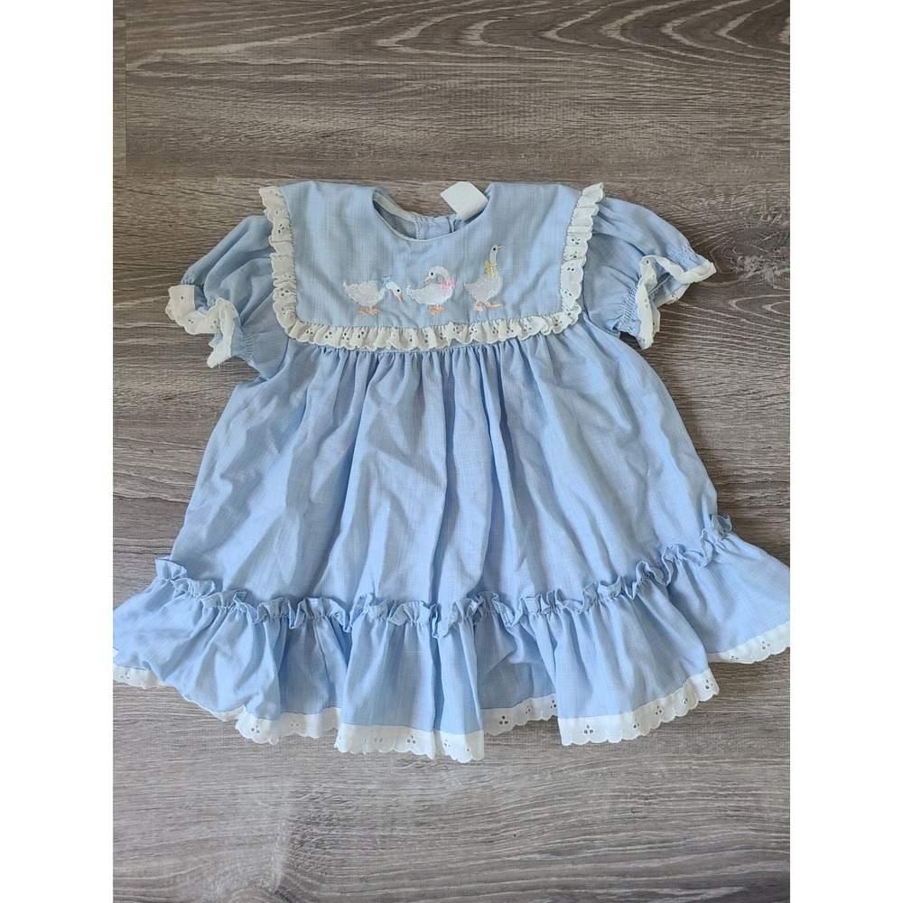 VTG Bryan Infant Girl's 24 Dress Geese Bows Lacy Ruffled Cottagecore Blue Farm